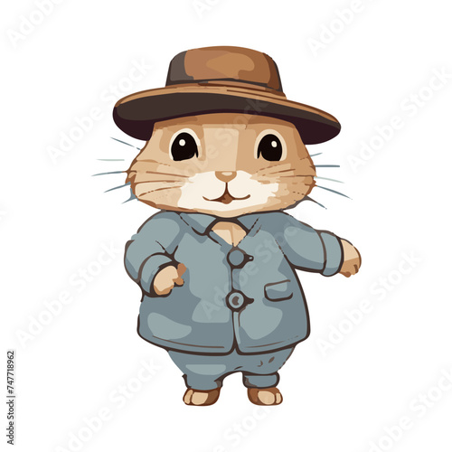 Vector illustration cute bunny in a beige raincoat and cap for sticker  print  poster  postcard 