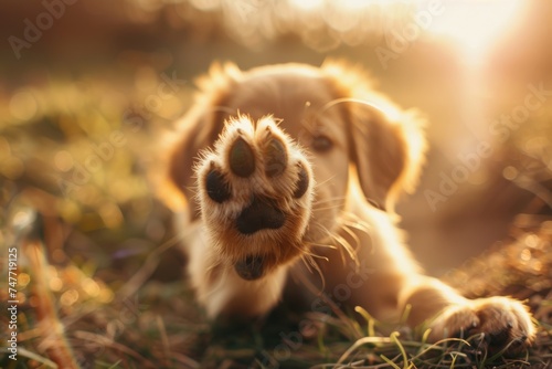 Close Up of Dog Laying in Grass. Generative AI photo