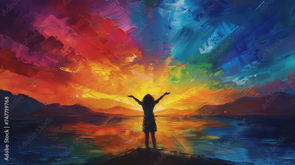 Silhouette of a young woman with arms raised in a freedom pose, standing on the beach, the sunset painting the sky in vibrant hues