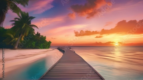 美しい夕日のビーチ。 穏やかな海とリラックスしたトロピカルなムードを備えたカラフルな空｜Beautiful sunset on the beach. Colorful skies with calm seas and a relaxing tropical mood. Generative AI