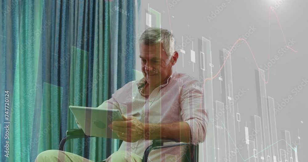 Animation of financial data processing senior caucasian man using tablet Animation of financial data processing senior caucasian man using tablet
