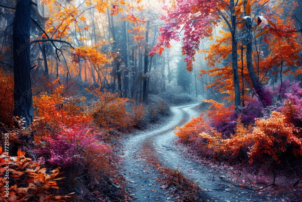 temperate deciduous forest, Autumn forest orange red are way or a road and pine carpet oak beech maple tree willow mysterious colorful leaves trees nature change seasons landscape Top view background
