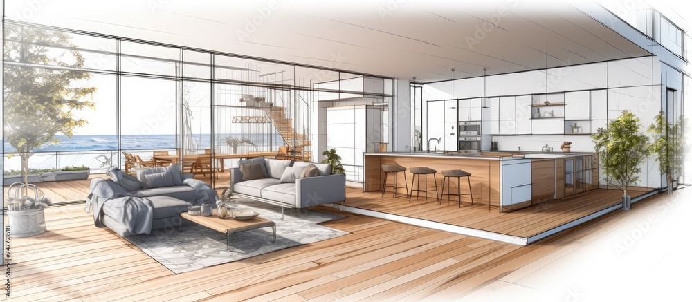 Fototapeta premium An unfinished project showcasing a modern living room with a sofa, kitchen, dining table, potted plants, parquet floor, and a window leading to a panoramic balcony.