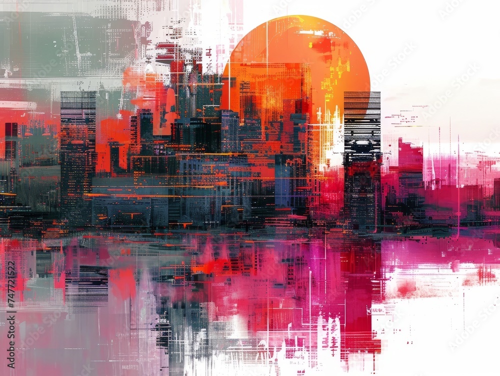 Obraz premium Vibrant Abstract Cityscape: Modern Urban Skyline Painting with Colorful Brushstrokes and Sunset Reflections - Contemporary Art in Red, Orange, and Pink