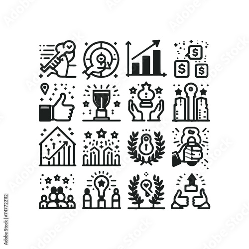 Success award growth win thumbs up key editable stroke outline icons set isolated