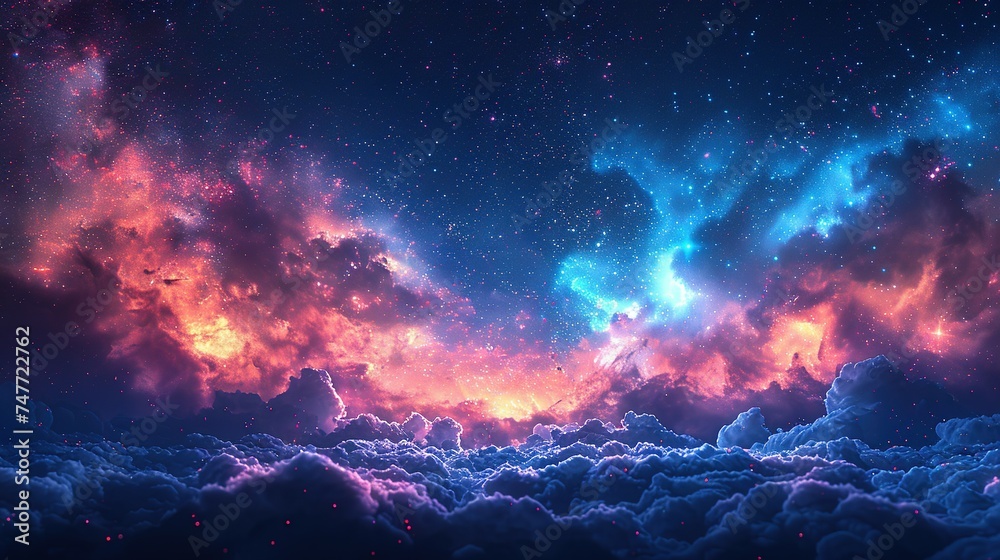 Beautiful fantasy starry night sky, blue and purple colorful, galaxy and aurora 4k wallpaper - obrazy, fototapety, plakaty 