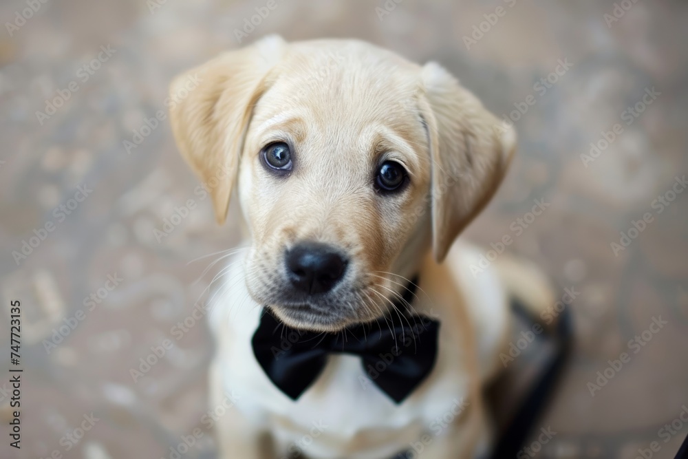 Puppy Wearing Black Bow Tie Looking Up. Generative AI Puppy Wearing Black Bow Tie Looking Up. Generative AI