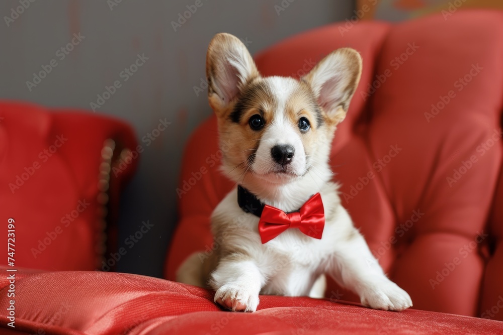 Small Dog With Red Bow Tie Sitting on Red Couch. Generative AI Small Dog With Red Bow Tie Sitting on Red Couch. Generative AI