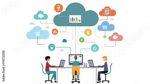 n illustration with a company cloud, in the style of collaborative techniques, light cyan and amber, studyplace, cad