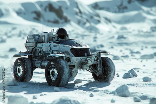Lunar exploration digital artwork featuring a lunar rover photo