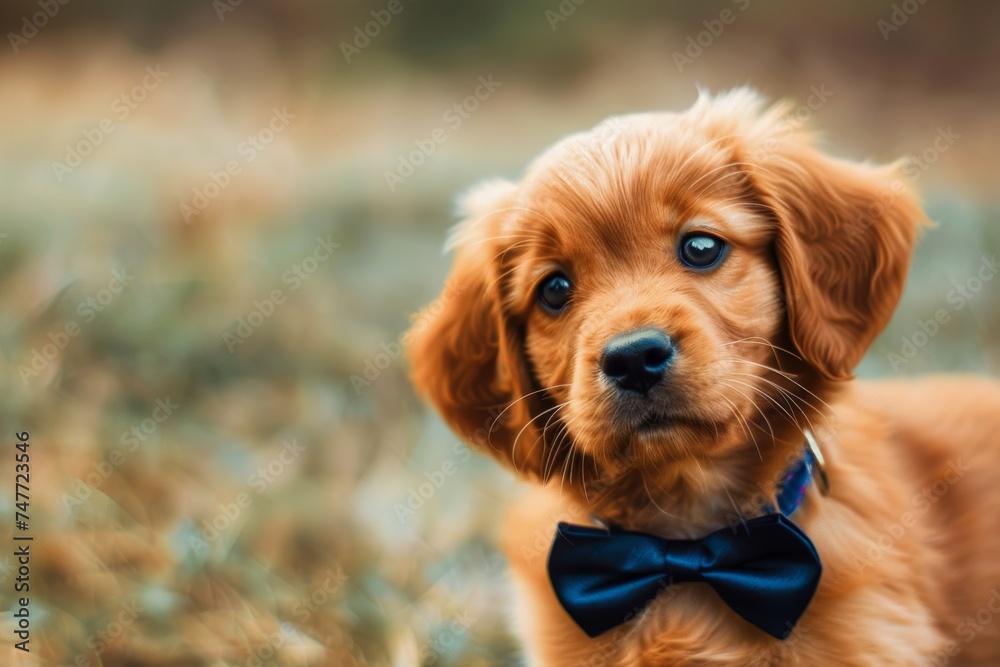 Adorable Puppy Wearing Blue Bow Tie in Field. Generative AI Adorable Puppy Wearing Blue Bow Tie in Field. Generative AI