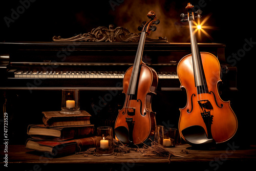 music trio instrument with grand piano, violin and cello decorated with candles and books with black background