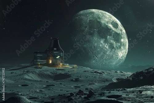 AI generated lunar exploration artwork featuring a lunar habitat photo
