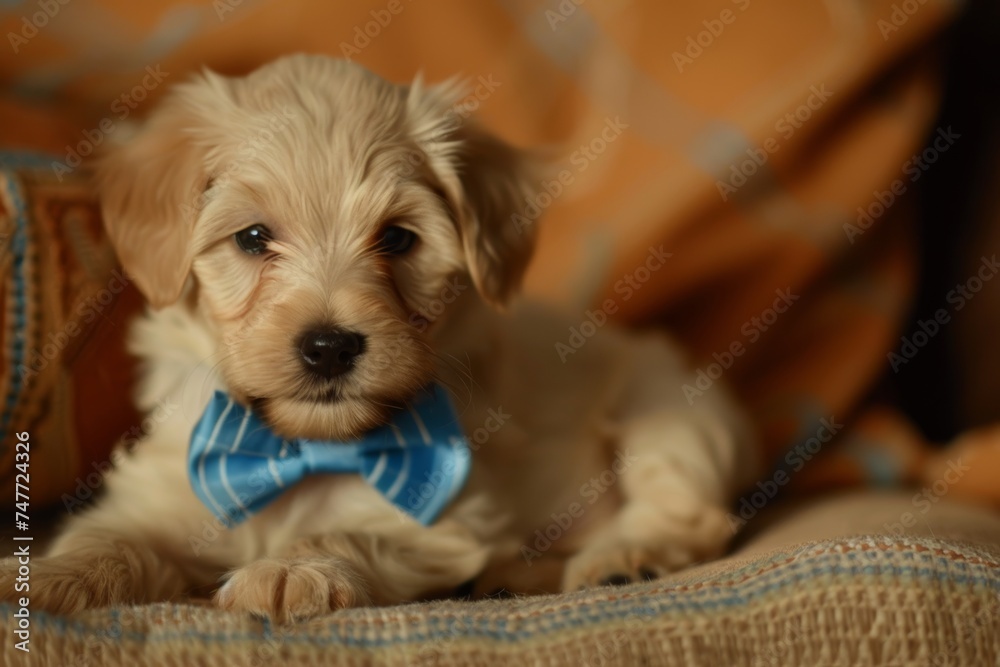 Small White Dog With Blue Bow Tie. Generative AI Small White Dog With Blue Bow Tie. Generative AI