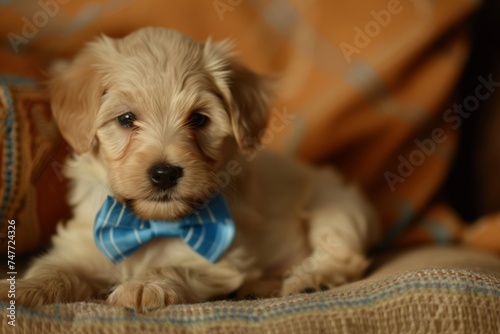 Small White Dog With Blue Bow Tie. Generative AI