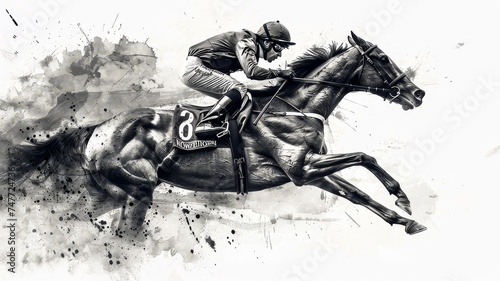 black and white background. horse racing sketch. horse racing tournament. equestrian sport. illustration of ink paints