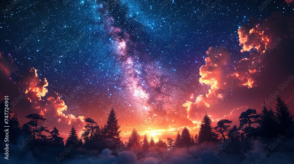 Beautiful fantasy starry night sky, blue and purple colorful, galaxy and aurora 4k wallpaper