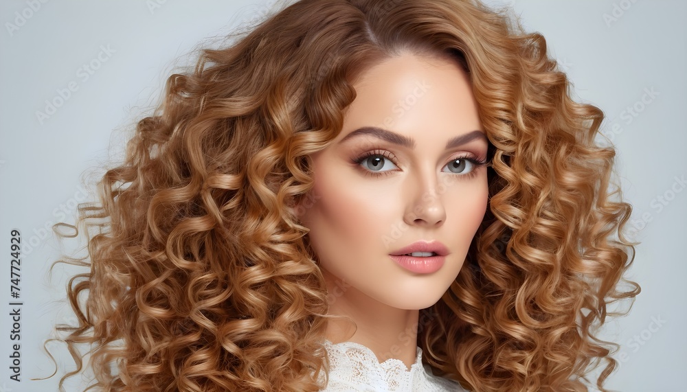 Glamorous Portrait Curly Volume Hairstyle, Luxurious Hair, and Beauty Makeup
