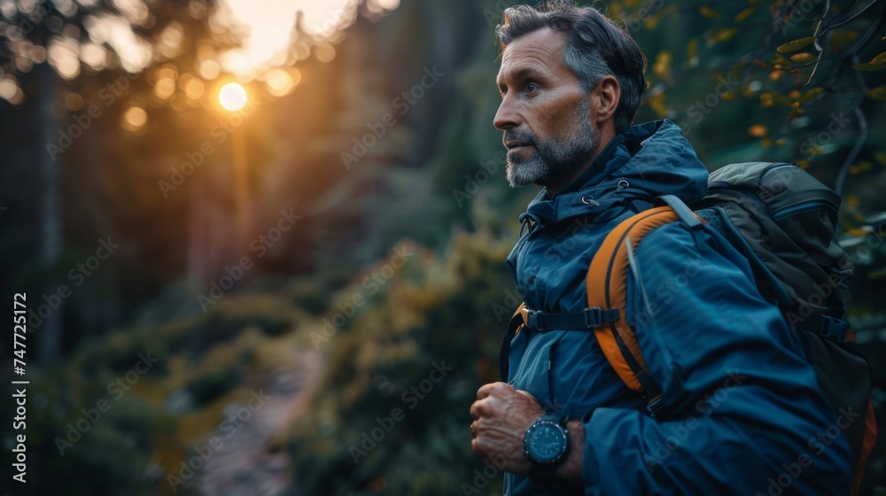 An experienced male hiker with a backpack takes in the serene beauty of a forest sunset, embracing the peace of nature, mature hiker enjoying sunset in forest. - obrazy, fototapety, plakaty 