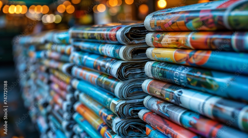 A stack of colorful, tightly rolled newspapers against a bokeh light background, showcasing an array of stories and information, stacked newspapers in vibrant bokeh background.