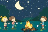 Cartoon cute doodles of kids roasting marshmallows and making s'mores around a campfire at night, Generative AI