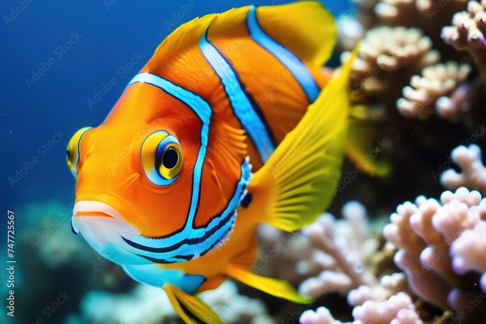 Naklejka premium Colorful tropical fish on the background of a coral reef.