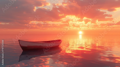 Solitary boat on a calm sea under a mesmerizing dawn sky reflecting on tranquil waters