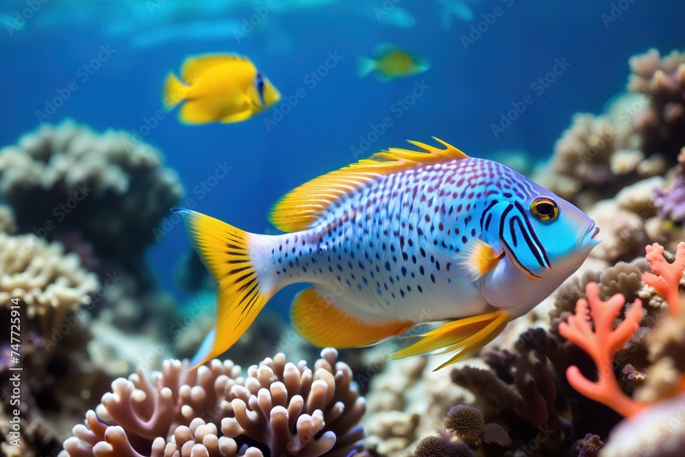 Colorful tropical fish on the background of a coral reef. Colorful tropical fish on the background of a coral reef.