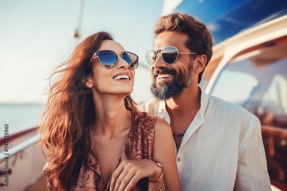 Mature man and his wife enjoying sailing with their yacht