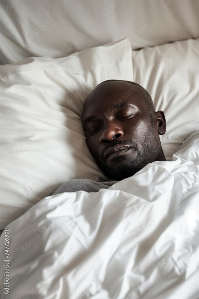 Peaceful african american man sleeping on white bed with copy space