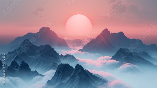 Serene mountainous landscape at sunrise with soft hues enveloping the tranquil peaks