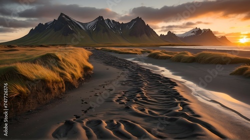 Tiretracks on beach against stokksnes cape and vestrahorn mountain at sunset