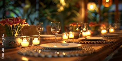 Natural plant decor enhances the warm, inviting ambiance of an elegantly set dinner table
