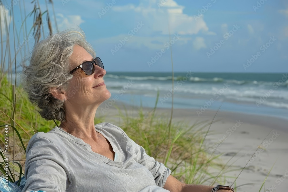 Beach serenity Mature woman's coastal contentment