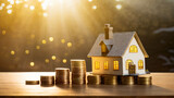 House model and coin stack on wooden table with bokeh background. Real estate concept.