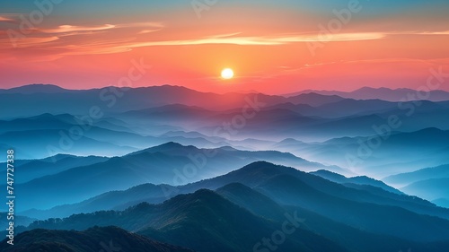Serenity at sunrise, ethereal mountain layers and vibrant sky hues