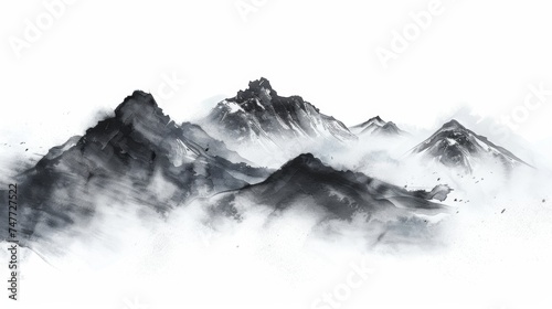 Misty Sunrise Over Alpine Mountains with Foggy Valley View Chinese ink style © wanna