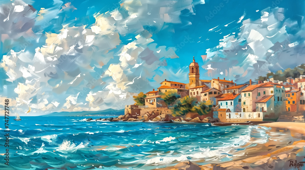 Panoramic view of the old mediterranean town. Horizontal oil pai