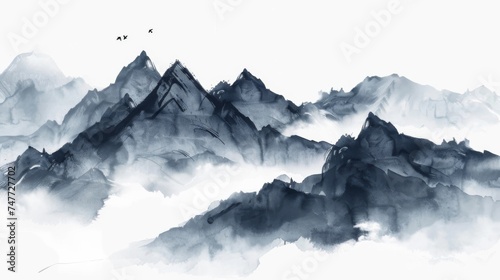 Misty Sunrise Over Alpine Mountains with Foggy Valley View Chinese ink style