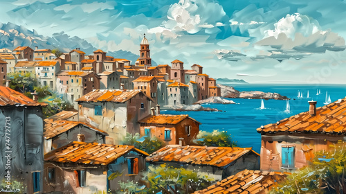 Panoramic view of the old mediterranean town. Horizontal oil pai photo