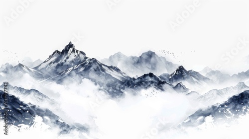 Misty Sunrise Over Alpine Mountains with Foggy Valley View Chinese ink style © wanna