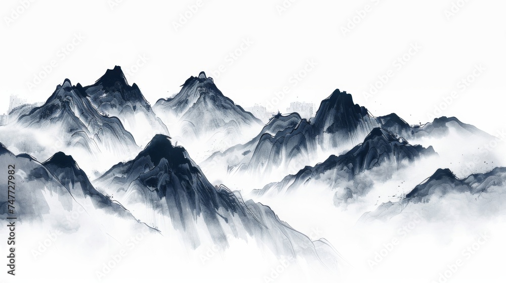 Misty Sunrise Over Alpine Mountains with Foggy Valley View Chinese ink style