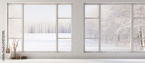 A white, stylish room with minimalist decor features a large window overlooking a snowy landscape outside. The room is spacious and bright, with a serene ambiance enhanced by the wintry view.