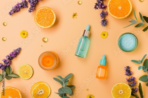 Facial well skin care cream. Skincare treatment products: beautiful lotion, skincare balm gel, oil, pipette with hygiene serum and orange oil jar pot photo