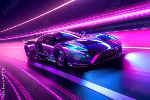 Futuristic car driving at night with synth-wave aesthetics Neon purple illumination © Bijac