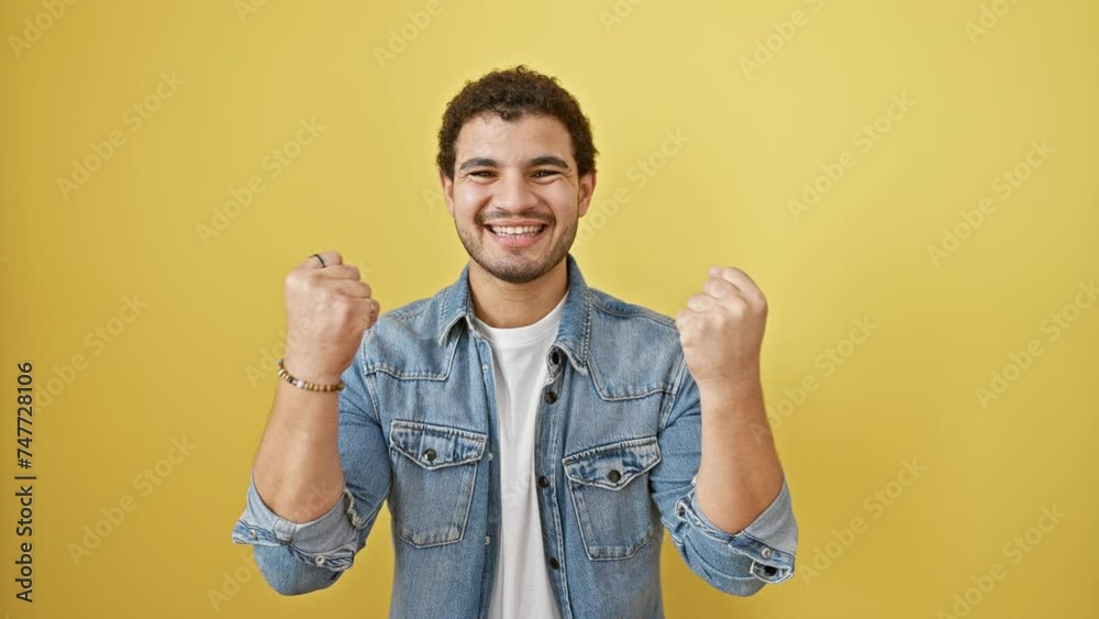 Cheerful young arab man, beaming with joy, triumphantly stands screaming in success; his raised arms signifying a confident win. an infectious excitement fills the isolated yellow background Cheerful young arab man, beaming with joy, triumphantly stands screaming in success; his raised arms signifying a confident win. an infectious excitement fills the isolated yellow background