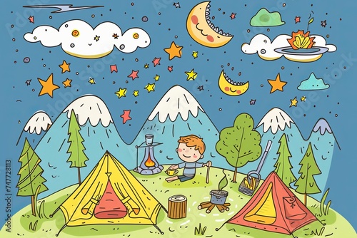 Cartoon cute doodles of friends going on a camping trip and setting up tents under the stars, Generative AI