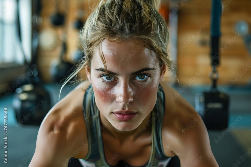 Portrait of a dedicated woman exercising in a gym Focusing on her fitness goals with determination and strength Portrait of a dedicated woman exercising in a gym Focusing on her fitness goals with determination and strength