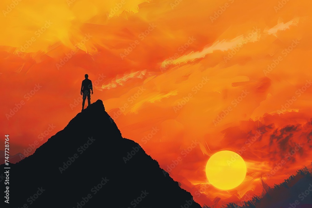 Silhouette of a lone figure standing on a vast mountain peak at sunset Reflecting solitude and achievement