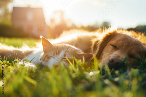 Cute dog and cat laying together on a green grass field, on a sunny day. Sleepy relaxed, healthy animals. 